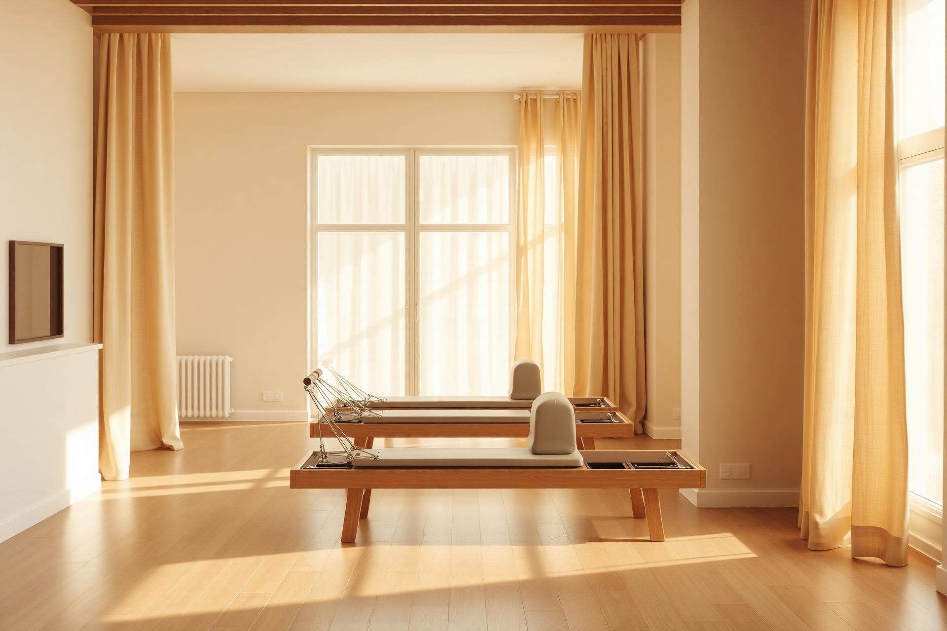 Sunlit interior of Awaken Pilates Studio with reformer machines